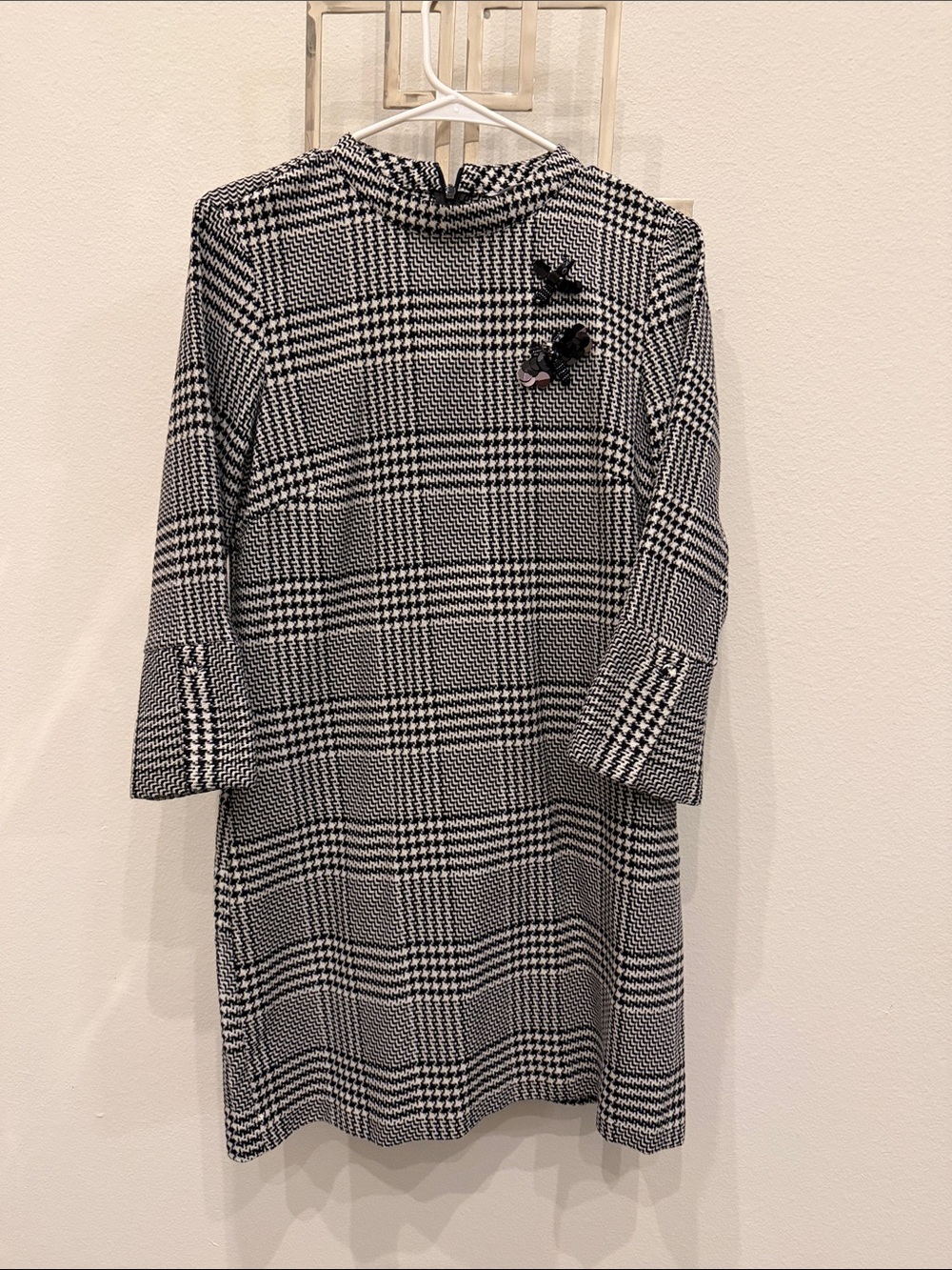 H&M Black and White Plaid Long-Sleeve Dress with Floral Detail